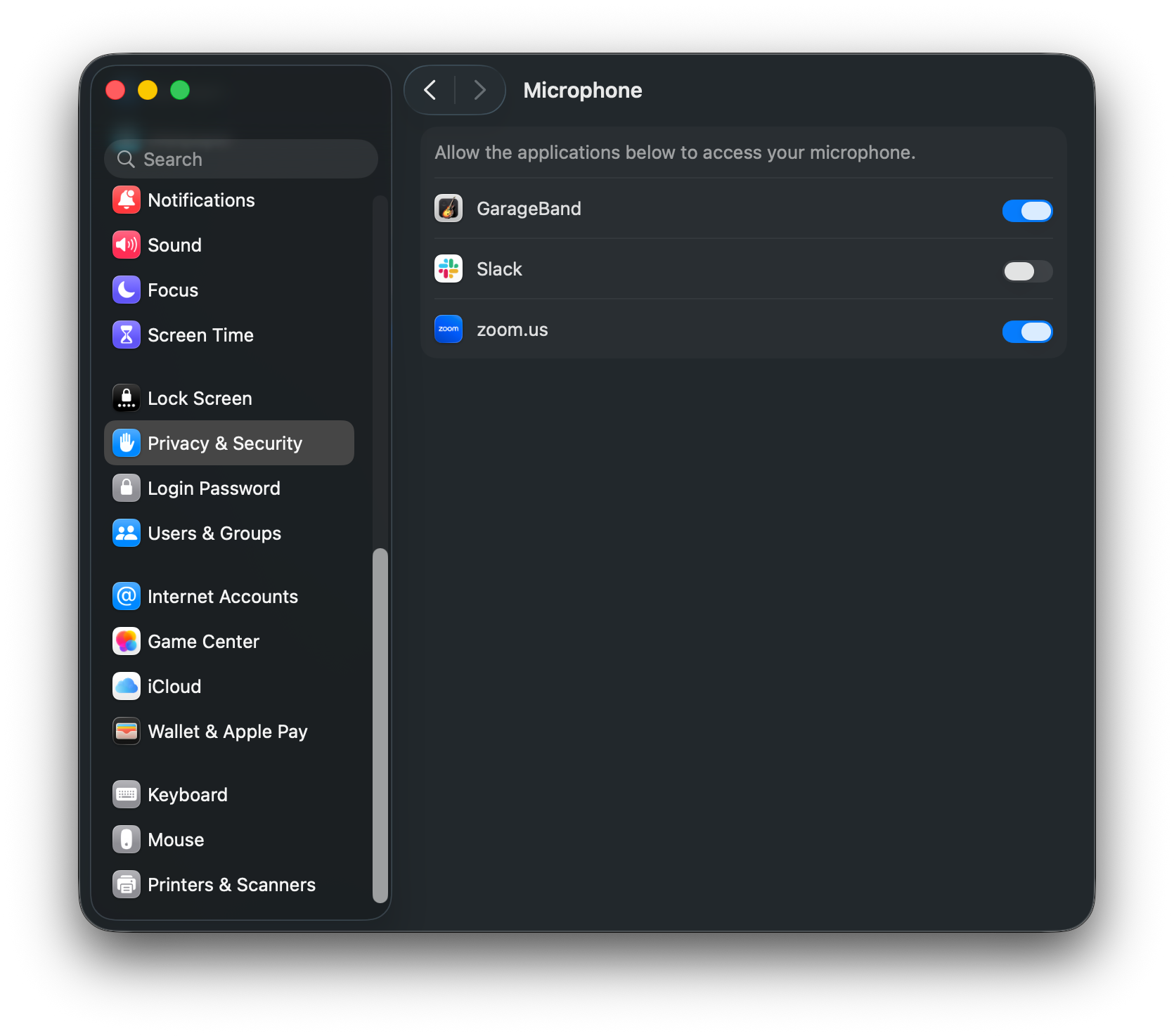 The microphone permission settings with no option to add the app