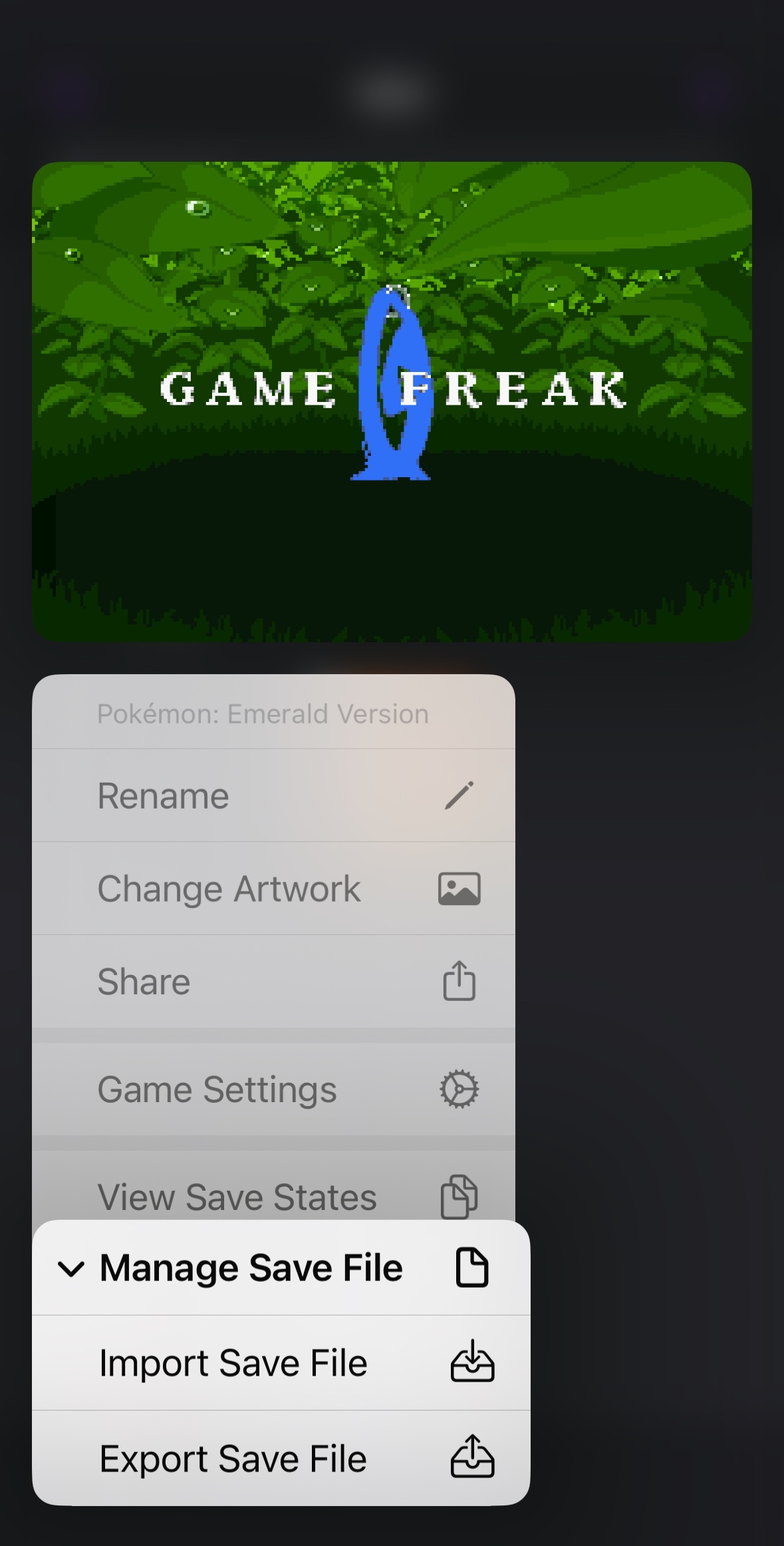 Screenshot of the Manage Save File menu in Delta iOS
